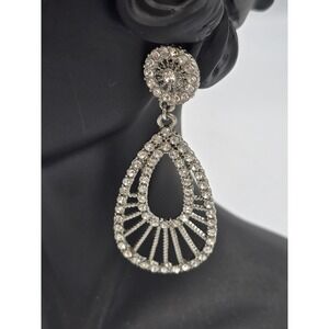 Sparkling Clear Rhinestone Dangle Earrings Silver Tone Teardrop Fashion Jewelry